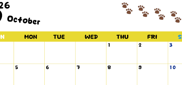 2026年10月カレンダーは横型日曜始まりで無料！ねこのベージュぷにぷに肉球イラストがほっこりかわいい！(2026-01241000)