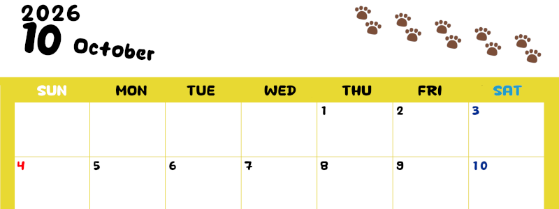 2026年10月カレンダーは横型日曜始まりで無料！ねこのベージュぷにぷに肉球イラストがほっこりかわいい！(2026-01241000)