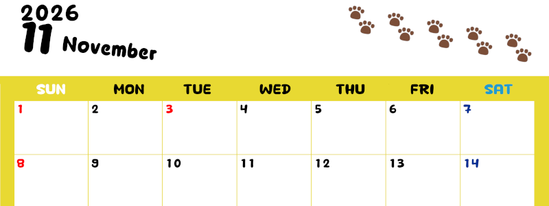 2026年11月カレンダーは横型日曜始まりで無料！ねこのベージュぷにぷに肉球イラストがほっこりかわいい！(2026-01241100)