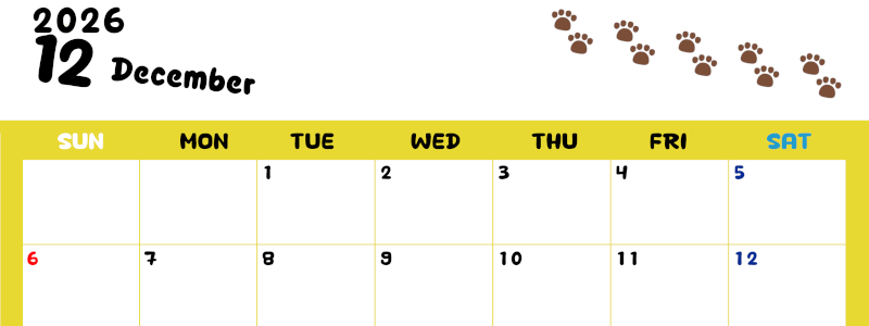 2026年12月カレンダーは横型日曜始まりで無料！ねこのベージュぷにぷに肉球イラストがほっこりかわいい！(2026-01241200)