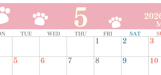 2026年5月カレンダーは横型月曜始まりで猫の肉球がゆるかわいいレイアウト！無料かつ自由に予定を書き込めます！(2026-01250501)