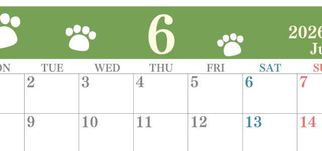 2026年6月カレンダーは横型月曜始まりで猫の肉球がゆるかわいいレイアウト！無料かつ自由に予定を書き込めます！(2026-01250601)