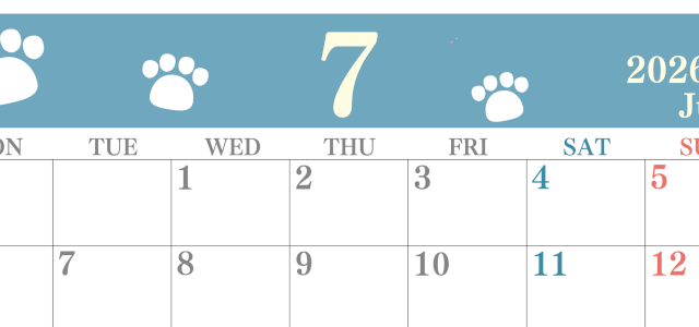 2026年7月カレンダーは横型月曜始まり で猫の肉球がゆるかわいいレイアウト！無料かつ自由に予定を書き込めます！(2026-01250701)