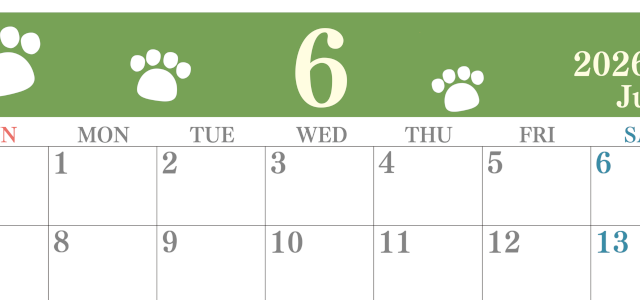 2026年6月カレンダーは横型日曜始まりで猫の肉球がゆるかわいいレイアウト！無料かつ自由に予定を書き込めます！(2026-01250600)