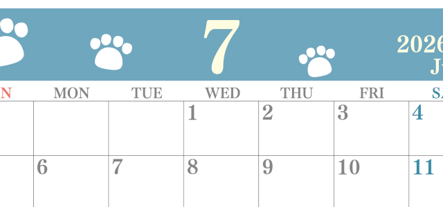 2026年7月カレンダーは横型日曜始まりで猫の肉球がゆるかわいいレイアウト！無料かつ自由に予定を書き込めます！(2026-01250700)