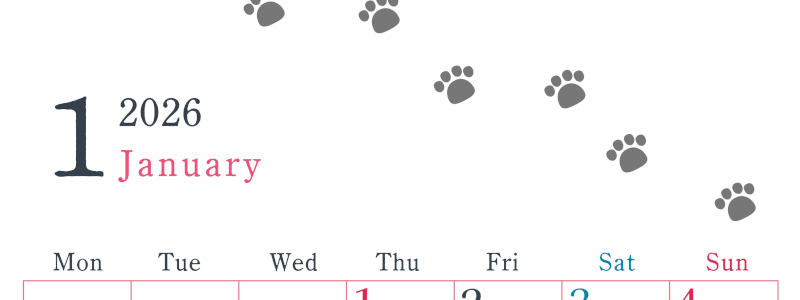 2026年1月カレンダーは縦型月曜始まりで猫が自由気ままに歩き回った足あとがかわいい♪ダウンロード無料♪(2026-01260111)