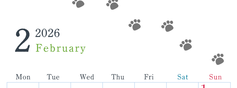 2026年2月カレンダーは縦型月曜始まりで猫が自由気ままに歩き回った足あとがかわいい♪ダウンロード無料♪(2026-01260211)