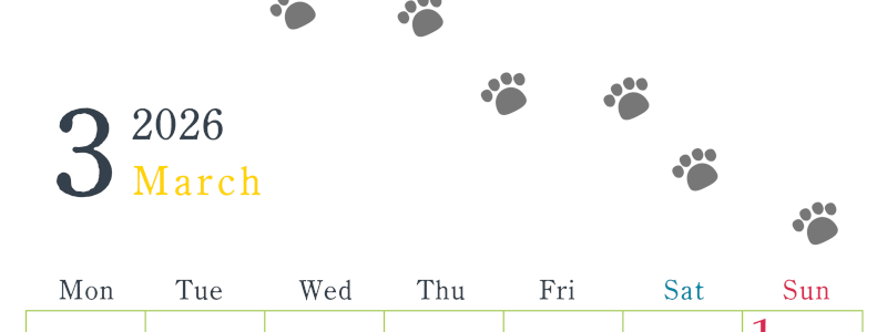 2026年3月カレンダーは縦型月曜始まりで猫が自由気ままに歩き回った足あとがかわいい♪ダウンロード無料♪(2026-01260311)