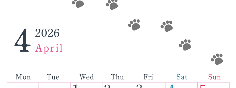 2026年4月カレンダーは縦型月曜始まりで猫が自由気ままに歩き回った足あとがかわいい♪ダウンロード無料♪(2026-01260411)