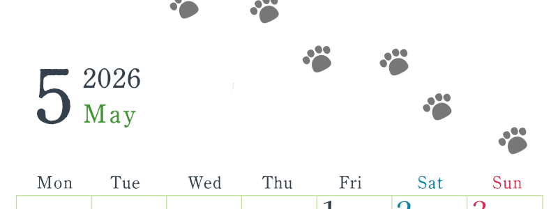 2026年5月カレンダーは縦型月曜始まりで猫が自由気ままに歩き回った足あとがかわいい♪ダウンロード無料♪(2026-01260511)