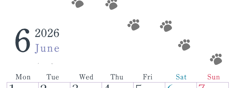 2026年6月カレンダーは縦型月曜始まりで猫が自由気ままに歩き回った足あとがかわいい♪ダウンロード無料♪(2026-01260611)
