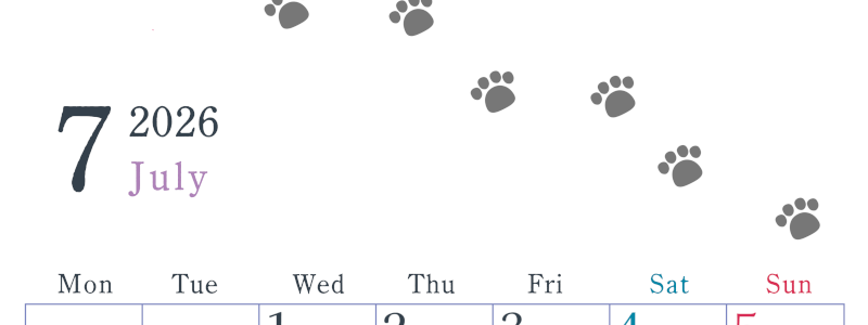 2026年7月カレンダーは縦型月曜始まり で猫が自由気ままに歩き回った足あとがかわいい♪ダウンロード無料♪(2026-01260711)