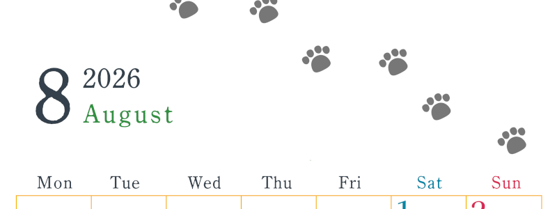 2026年8月カレンダーは縦型月曜始まりで猫が自由気ままに歩き回った足あとがかわいい♪ダウンロード無料♪(2026-01260811)