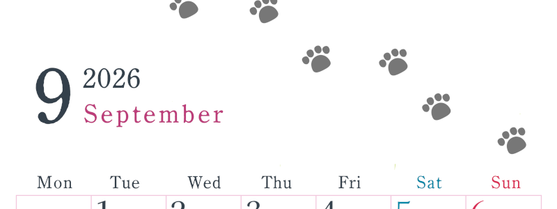 2026年9月カレンダーは縦型月曜始まりで猫が自由気ままに歩き回った足あとがかわいい♪ダウンロード無料♪(2026-01260911)