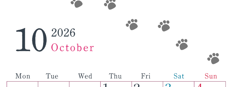 2026年10月カレンダーは縦型月曜始まりで猫が自由気ままに歩き回った足あとがかわいい♪ダウンロード無料♪(2026-01261011)