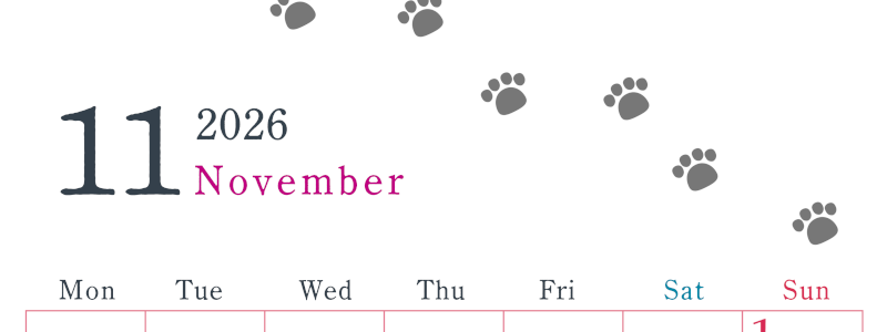 2026年11月カレンダーは縦型月曜始まりで猫が自由気ままに歩き回った足あとがかわいい♪ダウンロード無料♪(2026-01261111)