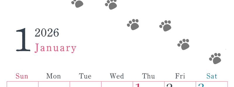 2026年1月カレンダーは縦型日曜始まりで猫が自由気ままに歩き回った足あとがかわいい♪ダウンロード無料♪(2026-01260110)