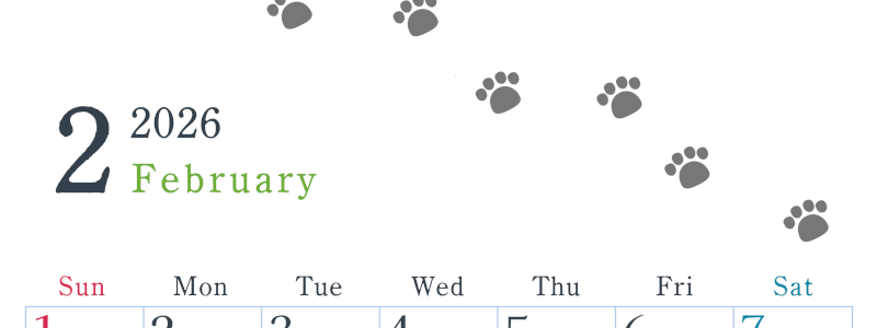 2026年2月カレンダーは縦型日曜始まりで猫が自由気ままに歩き回った足あとがかわいい♪ダウンロード無料♪(2026-01260210)
