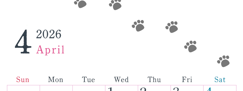 2026年4月カレンダーは縦型日曜始まりで猫が自由気ままに歩き回った足あとがかわいい♪ダウンロード無料♪(2026-01260410)