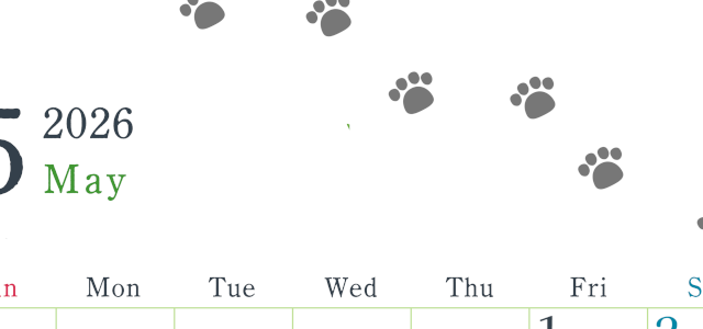 2026年5月カレンダーは縦型日曜始まりで猫が自由気ままに歩き回った足あとがかわいい♪ダウンロード無料♪(2026-01260510)