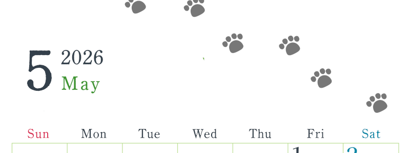 2026年5月カレンダーは縦型日曜始まりで猫が自由気ままに歩き回った足あとがかわいい♪ダウンロード無料♪(2026-01260510)
