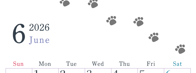 2026年6月カレンダーは縦型日曜始まりで猫が自由気ままに歩き回った足あとがかわいい♪ダウンロード無料♪(2026-01260610)