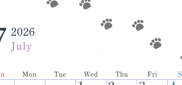 2026年7月カレンダーは縦型日曜始まり で猫が自由気ままに歩き回った足あとがかわいい♪ダウンロード無料♪(2026-01260710)