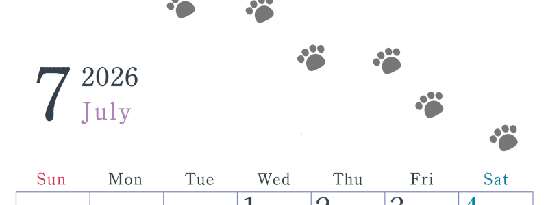 2026年7月カレンダーは縦型日曜始まり で猫が自由気ままに歩き回った足あとがかわいい♪ダウンロード無料♪(2026-01260710)