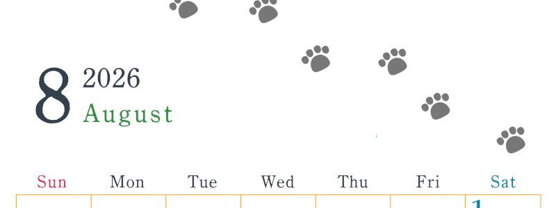 2026年8月カレンダーは縦型日曜始まりで猫が自由気ままに歩き回った足あとがかわいい♪ダウンロード無料♪(2026-01260810)