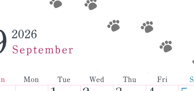 2026年9月カレンダーは縦型日曜始まりで猫が自由気ままに歩き回った足あとがかわいい♪ダウンロード無料♪(2026-01260910)