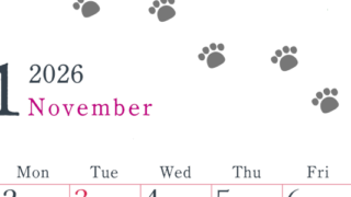 2026年11月カレンダーは縦型日曜始まりで猫が自由気ままに歩き回った足あとがかわいい♪ダウンロード無料♪(2026-01261110)