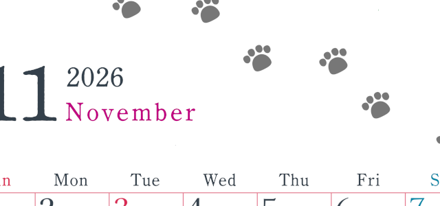 2026年11月カレンダーは縦型日曜始まりで猫が自由気ままに歩き回った足あとがかわいい♪ダウンロード無料♪(2026-01261110)