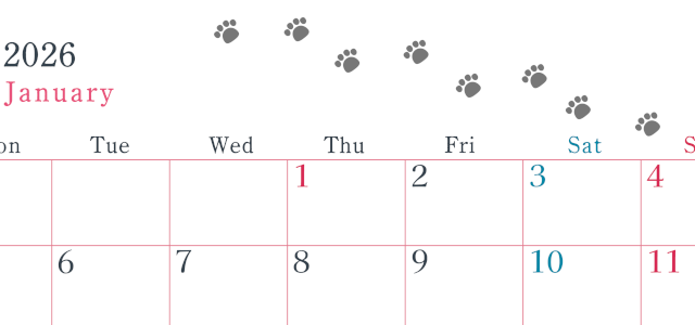 2026年1月カレンダーは横型月曜始まりで猫が自由気ままに歩き回った足あとがかわいい♪ダウンロード無料♪(2026-01260101)