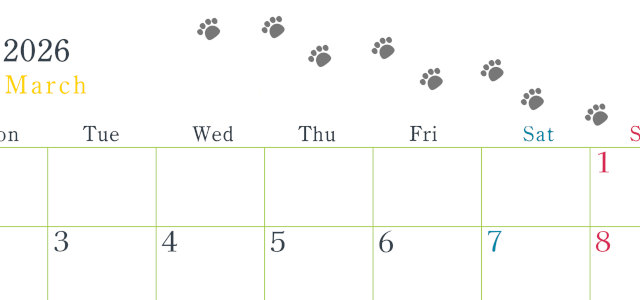 2026年3月カレンダーは横型月曜始まりで猫が自由気ままに歩き回った足あとがかわいい♪ダウンロード無料♪(2026-01260301)