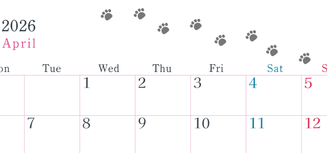 2026年4月カレンダーは横型月曜始まりで猫が自由気ままに歩き回った足あとがかわいい♪ダウンロード無料♪(2026-01260401)