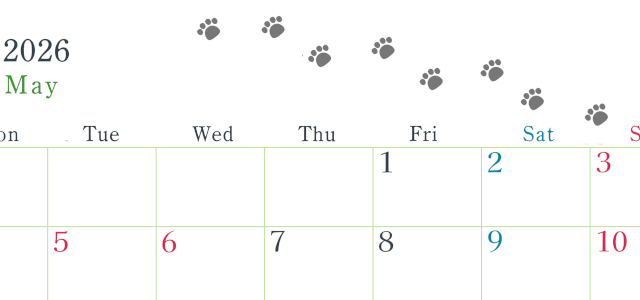 2026年5月カレンダーは横型月曜始まりで猫が自由気ままに歩き回った足あとがかわいい♪ダウンロード無料♪(2026-01260501)
