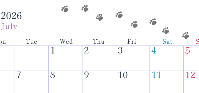 2026年7月カレンダーは横型月曜始まり で猫が自由気ままに歩き回った足あとがかわいい♪ダウンロード無料♪(2026-01260701)