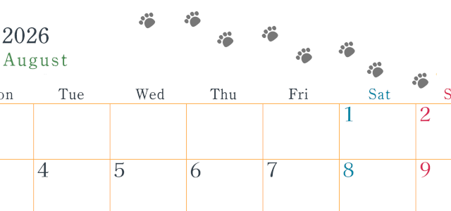 2026年8月カレンダーは横型月曜始まりで猫が自由気ままに歩き回った足あとがかわいい♪ダウンロード無料♪(2026-01260801)