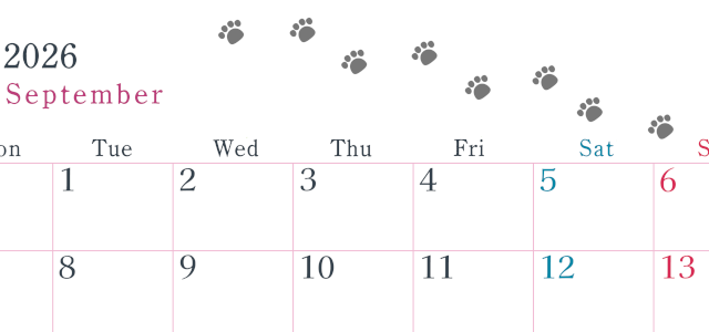 2026年9月カレンダーは横型月曜始まりで猫が自由気ままに歩き回った足あとがかわいい♪ダウンロード無料♪(2026-01260901)