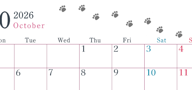 2026年10月カレンダーは横型月曜始まりで猫が自由気ままに歩き回った足あとがかわいい♪ダウンロード無料♪(2026-01261001)