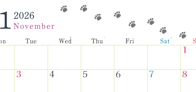2026年11月カレンダーは横型月曜始まりで猫が自由気ままに歩き回った足あとがかわいい♪ダウンロード無料♪(2026-01261101)