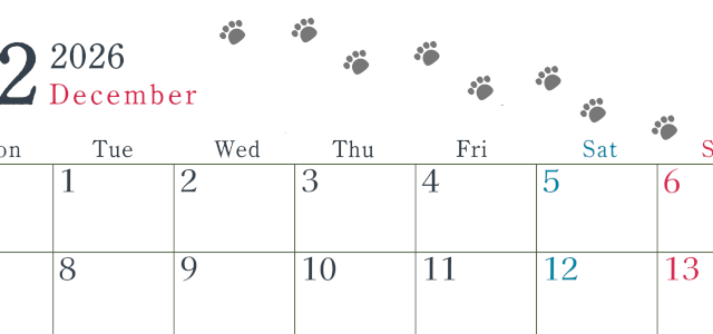 2026年12月カレンダーは横型月曜始まりで猫が自由気ままに歩き回った足あとがかわいい♪ダウンロード無料♪(2026-01261201)