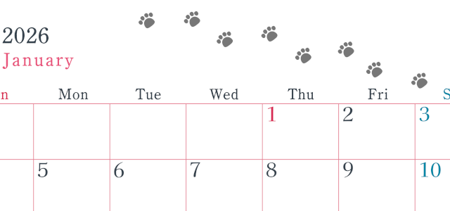 2026年1月カレンダーは横型日曜始まりで猫が自由気ままに歩き回った足あとがかわいい♪ダウンロード無料♪(2026-01260100)