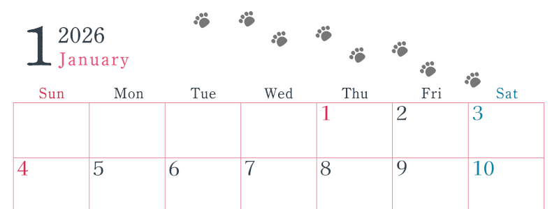 2026年1月カレンダーは横型日曜始まりで猫が自由気ままに歩き回った足あとがかわいい♪ダウンロード無料♪(2026-01260100)