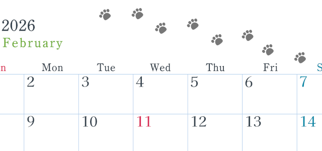 2026年2月カレンダーは横型日曜始まりで猫が自由気ままに歩き回った足あとがかわいい♪ダウンロード無料♪(2026-01260200)
