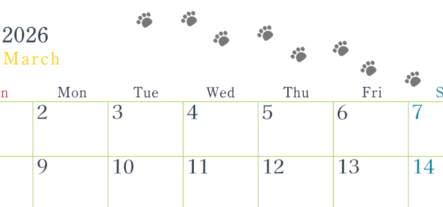 2026年3月カレンダーは横型日曜始まりで猫が自由気ままに歩き回った足あとがかわいい♪ダウンロード無料♪(2026-01260300)