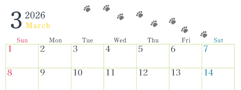 2026年3月カレンダーは横型日曜始まりで猫が自由気ままに歩き回った足あとがかわいい♪ダウンロード無料♪(2026-01260300)