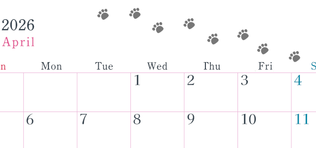 2026年4月カレンダーは横型日曜始まりで猫が自由気ままに歩き回った足あとがかわいい♪ダウンロード無料♪(2026-01260400)