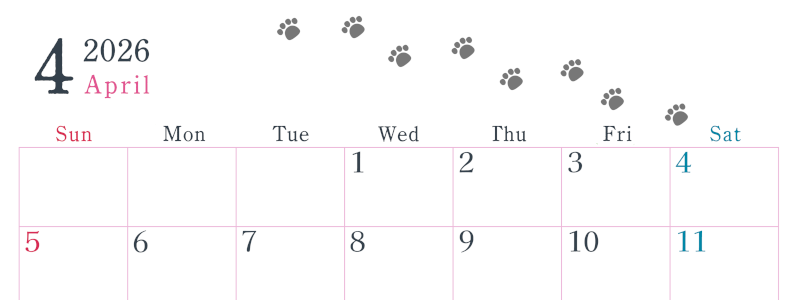 2026年4月カレンダーは横型日曜始まりで猫が自由気ままに歩き回った足あとがかわいい♪ダウンロード無料♪(2026-01260400)