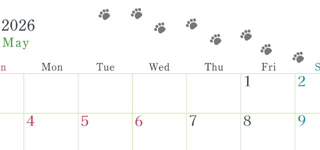 2026年5月カレンダーは横型日曜始まりで猫が自由気ままに歩き回った足あとがかわいい♪ダウンロード無料♪(2026-01260500)